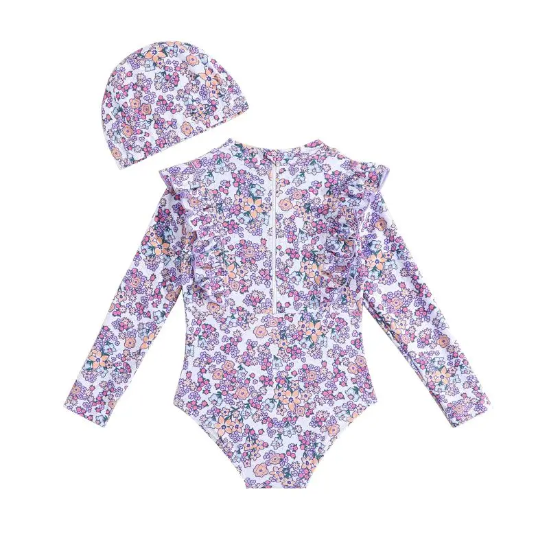 2PCS Set Bathing Suit Swimwear with Swim Cap Toddler Girls Rash Guard Swimsuit Rompers Long Sleeve Floral Print Baby Ruffles