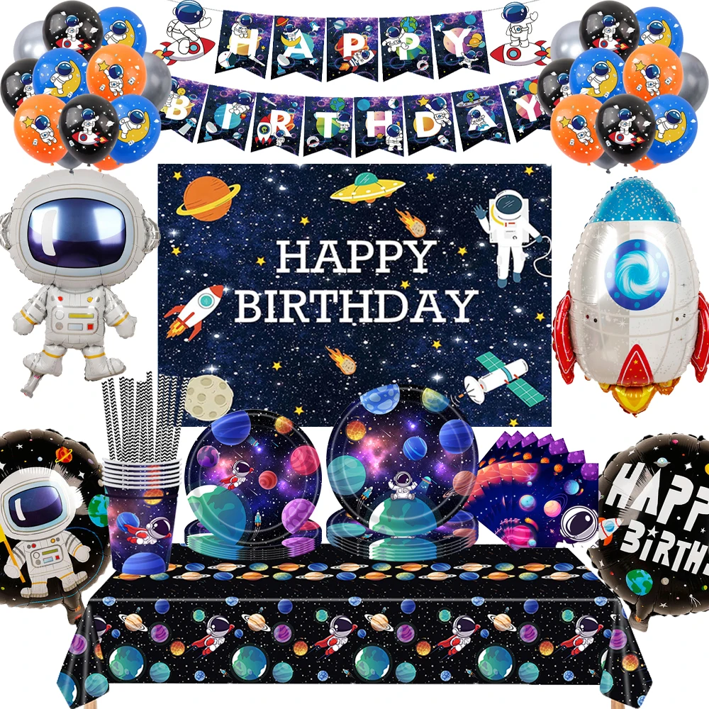 

Outer Space Birthday Party Supplies Galaxy Astronaut Tableware Cups Plates Napkins Tablecloth Banner for Kids Party Decoration