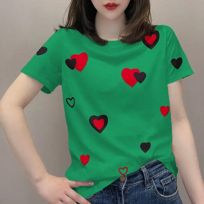 Reine Baumwolle Rundhals Vielseitiges Top für Frauen im Sommer Neues lässiges Print European Station Ins Niche Kurzarm-T-Shirt