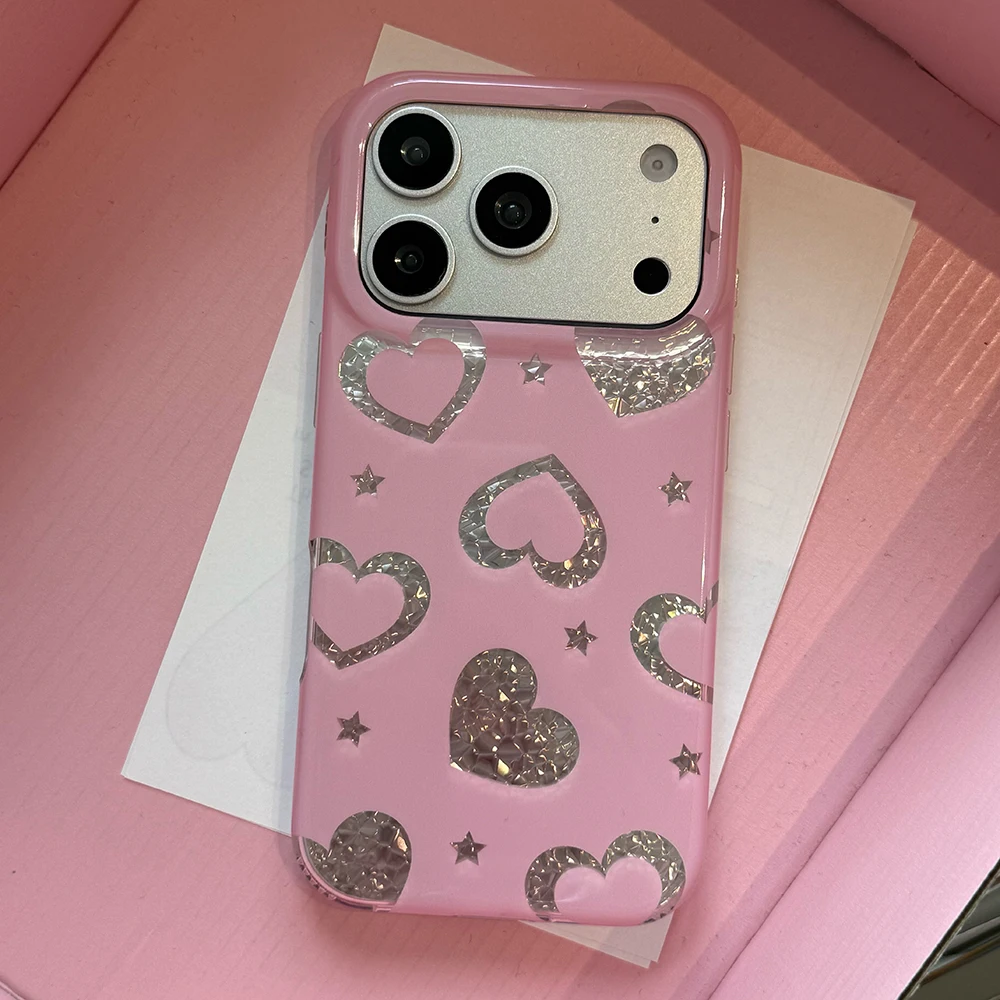 

Bling Cute Love Heart Protection Glitter Pink Phone Case for iPhone 17Pro 17promax 16pro 15pro 16 ProMax Shockproof Soft Cover