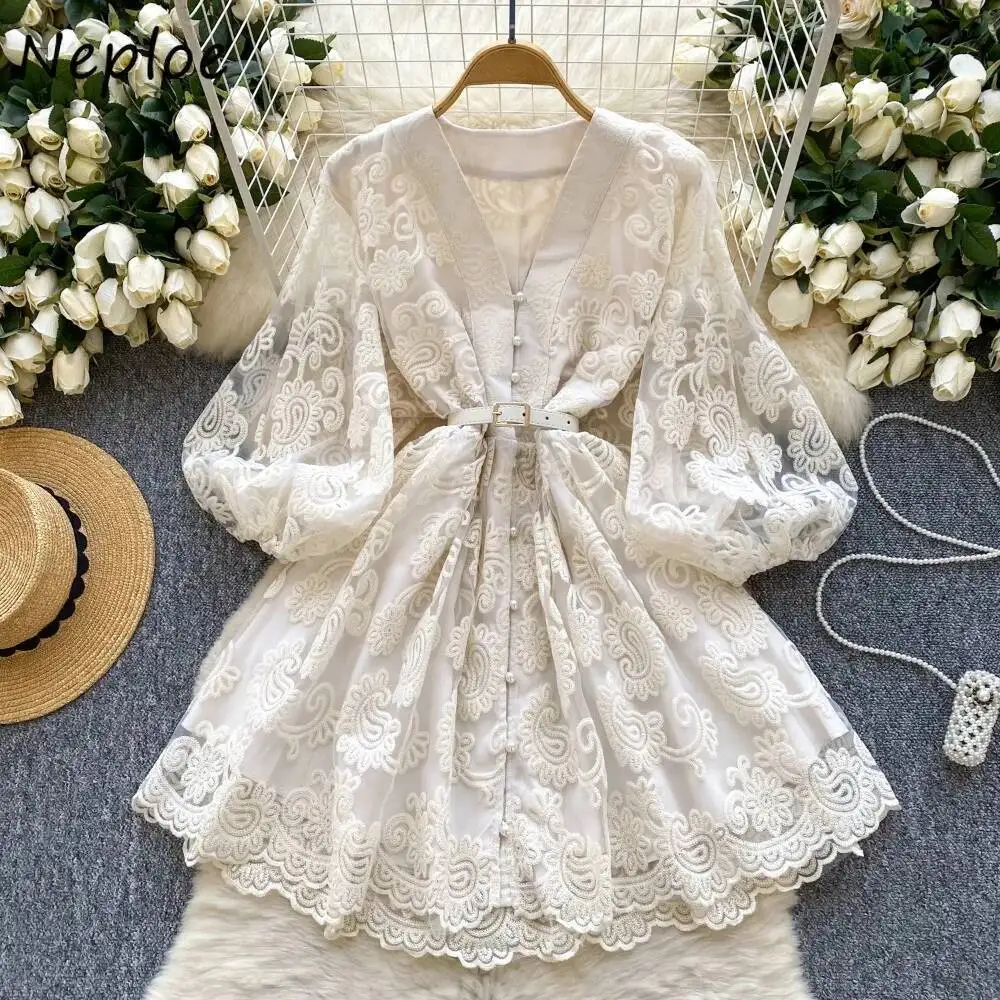 

French Style Sweet Court V Neck Lantern Femme Robe Heavy Belt Embroidery Slim Waist Vestidos A-Line Elegant Soft Dresses