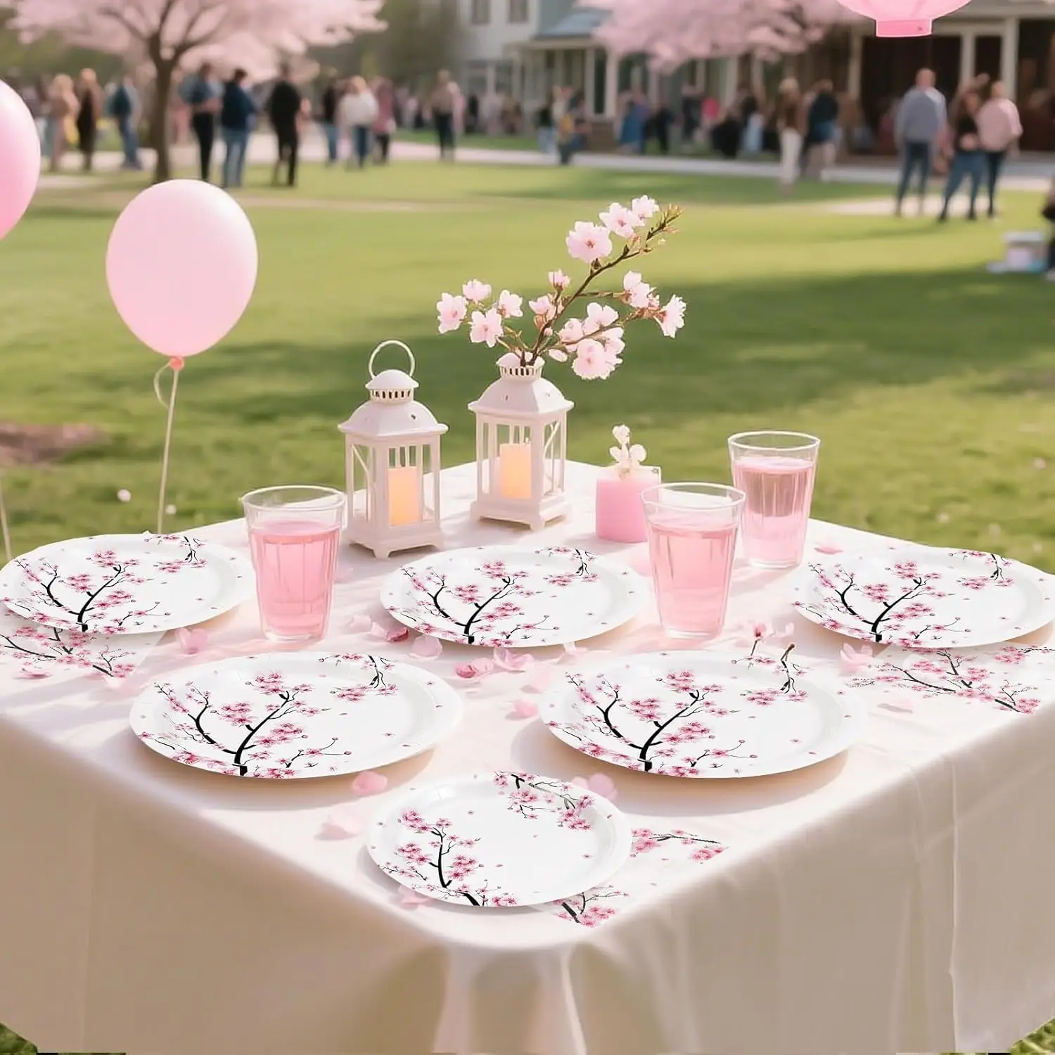 Neues Rosa Kirschblüten Einweggeschirr, Pappteller, Becher, Servietten, Tischdecken, Strohhalme, Hochzeits-, Geburtstagsparty-Zubehör – Detail 12