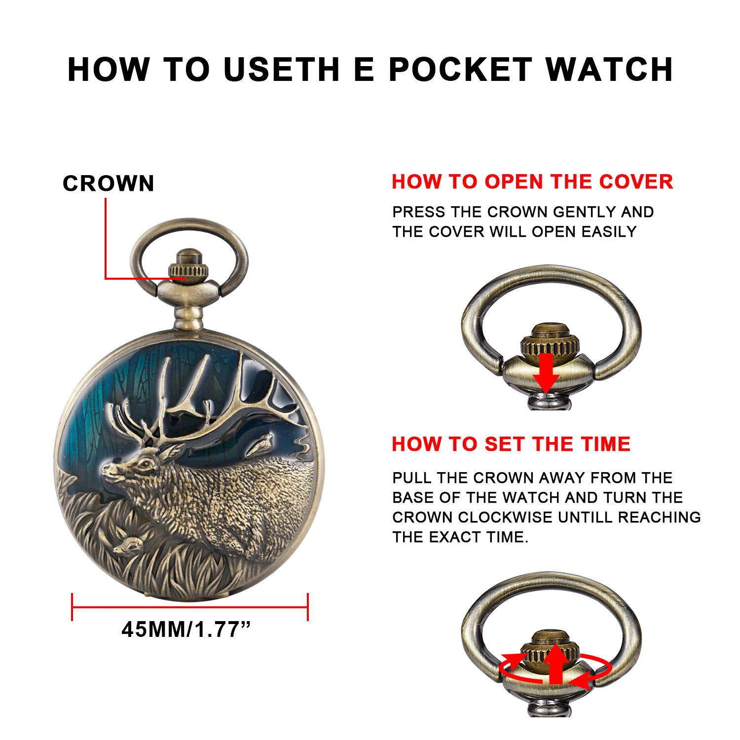 Vintage Deer Exquisite Reindeer Design Quartz Pocket Watch Pocket Watches for Women Men with Fob Chain Christmas Birthday Gifts