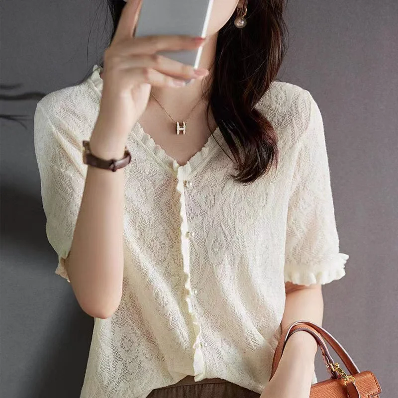 

new Ice silk knitted short sleeve feminine temperament hollow cotton thread T-shirt jacket summer cotton hemp half sleeve