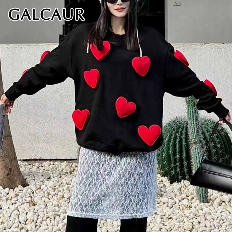 GALCAUR Hit Color Loose Sweatshirts For Women O Neck Long Sleeve Patchwork 3D Love Casual Sweet Hoodies Female Autumn New Style