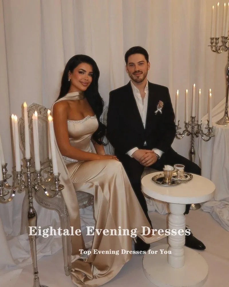 Eightale Arabic Evening Dress Strapless Beaded Customized Floor Length Satin Mermaid Prom Wedding Party Gowns image 6