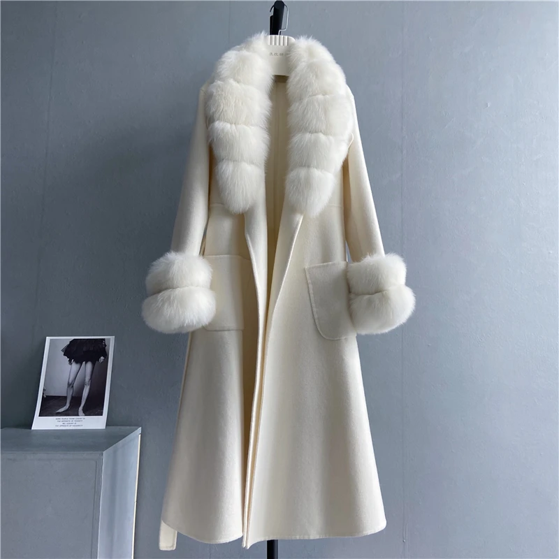 2023 Woolen fur,New  British Style Vintage Long Wool Cashmere Real Fox Fur Coats For Women Fall Winter Luxury Female Fur Outerwe