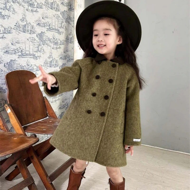 

Girls Woolen Coat Overcoat Jacket Windbreak 2024 Green Warm Plus Thicken Autumn Winter Cotton School Children's Clothing