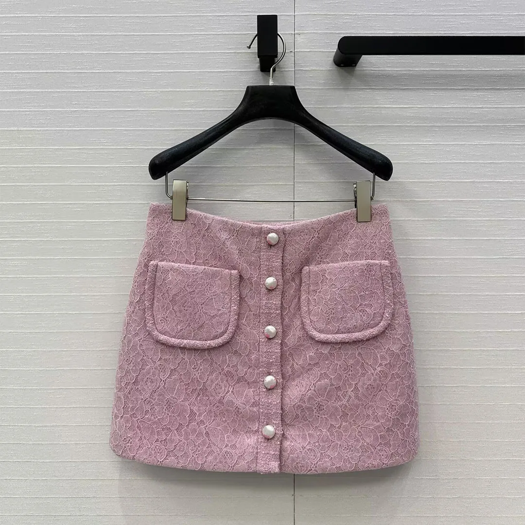 

New Spring Fashion Pink Lace Tweed Mini Skirts Womens High Waist Pearl Single Breasted Double Pockets Sweet Girl Vintage Skirt