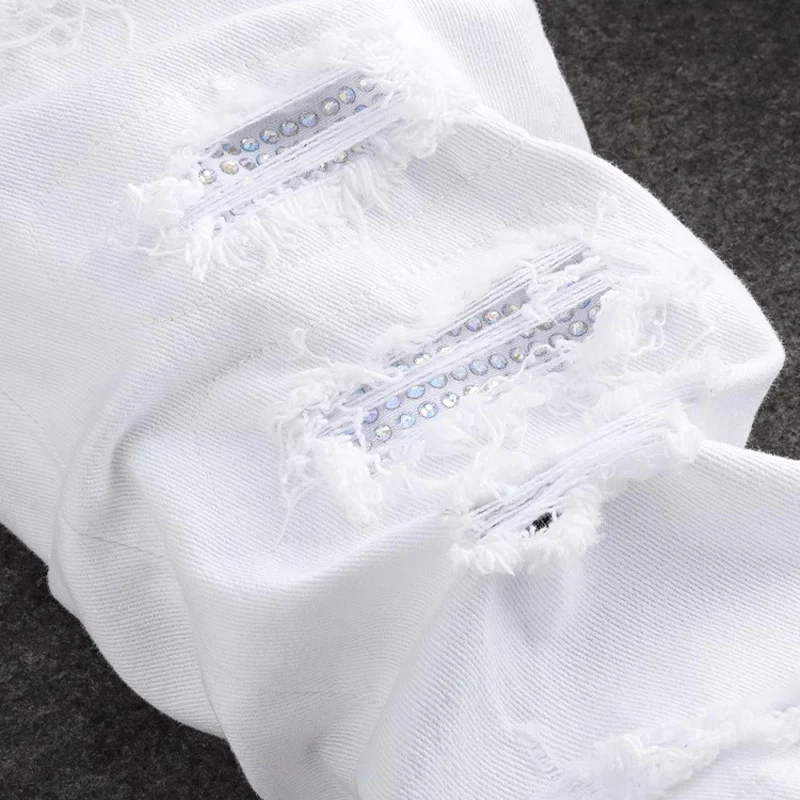 New American Men's Stretchy Slim Fit Perforated White Jeans High Street Hip-Hop Tapered Brand Nostalgic Washed