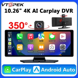 Vtopek 범용 대시캠 DVR 무선 카플레이, 안드로이드 자동 4K 350 ° 전면 카메라, 1080P 후면 캠, GPS 내비게이션 비디오 녹음기, 10.26 인치