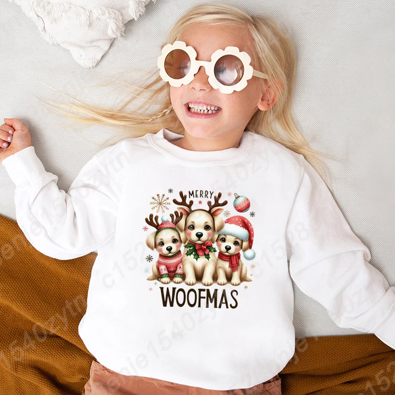 

Christmas Dog Merry Woofmas Print Round Neck Pullovers Casual Sport Outdoor Long Sleeve Pullover Boys Girls Hoodless Sweatshirts