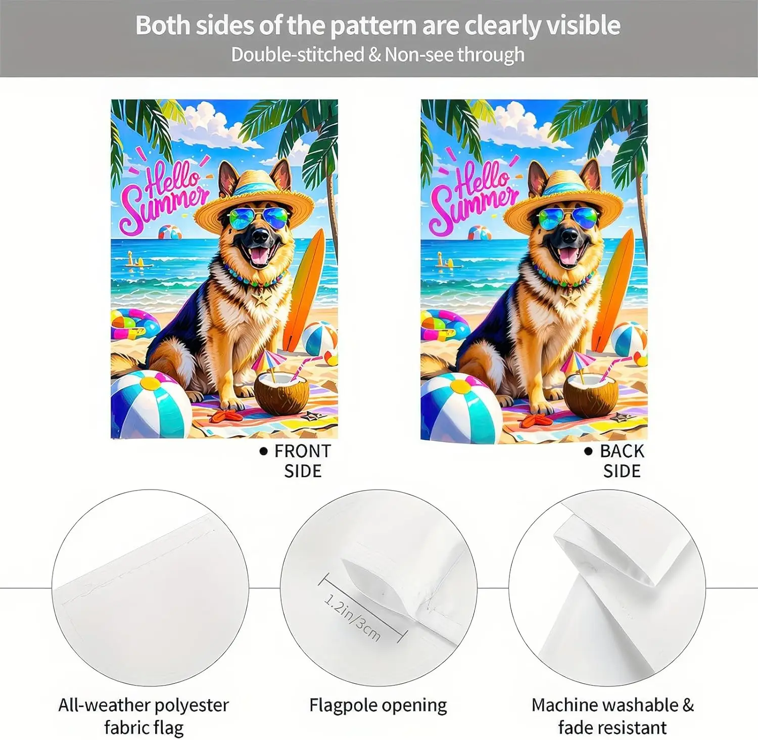 مرحبا الصيف شاطئ حديقة العلم كلب الراعي الألماني علم الشاطئ الاستوائي 12x18 بوصة مزدوجة الوجهين ساحة علم صغير للخارج H LLE
