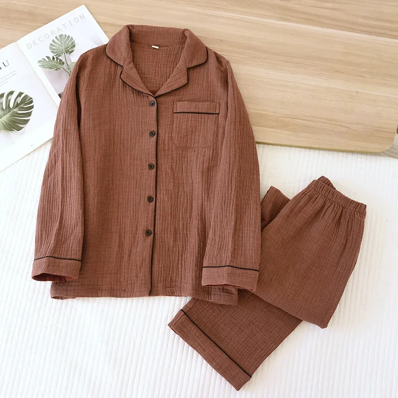 2026 New Spring Couple's Pajama Set 100% Cotton Four Layer Gauze Men's And Women's Long Sleeve Long Pants Two Piece Home Clothes