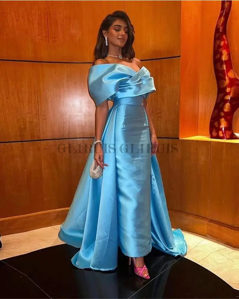 Sky Blue Satin Prom Party Dresses Off The Shoulder Evening Gowns Mermaid Formal Occasion Dress Vestidos De Noche Customized