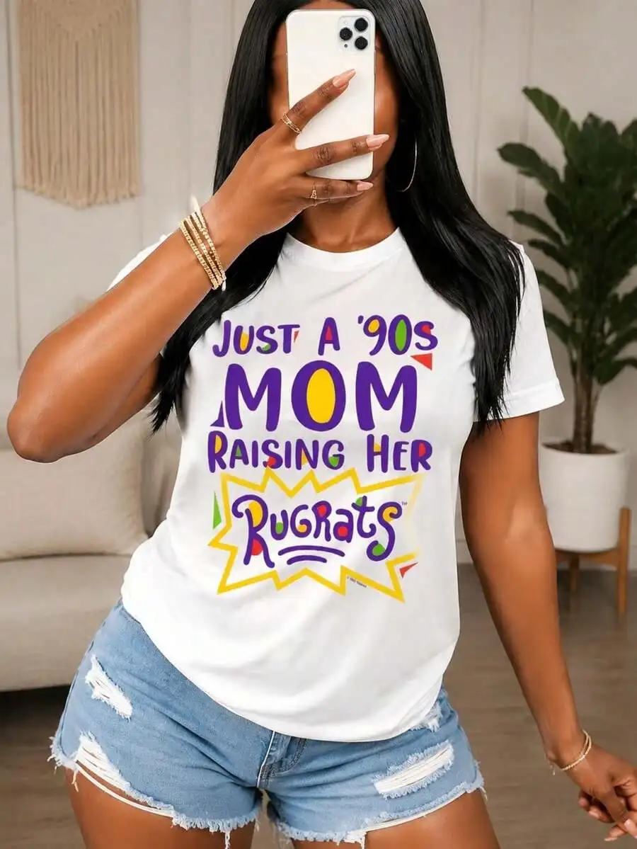 Just A 90s Mom Raising Rugrats Cartoon Graphic Tees Women, Cute White Round Neck Summer Tops, Retro Y2K Graphic Tees Women, Casual Mom Life T Shirts F