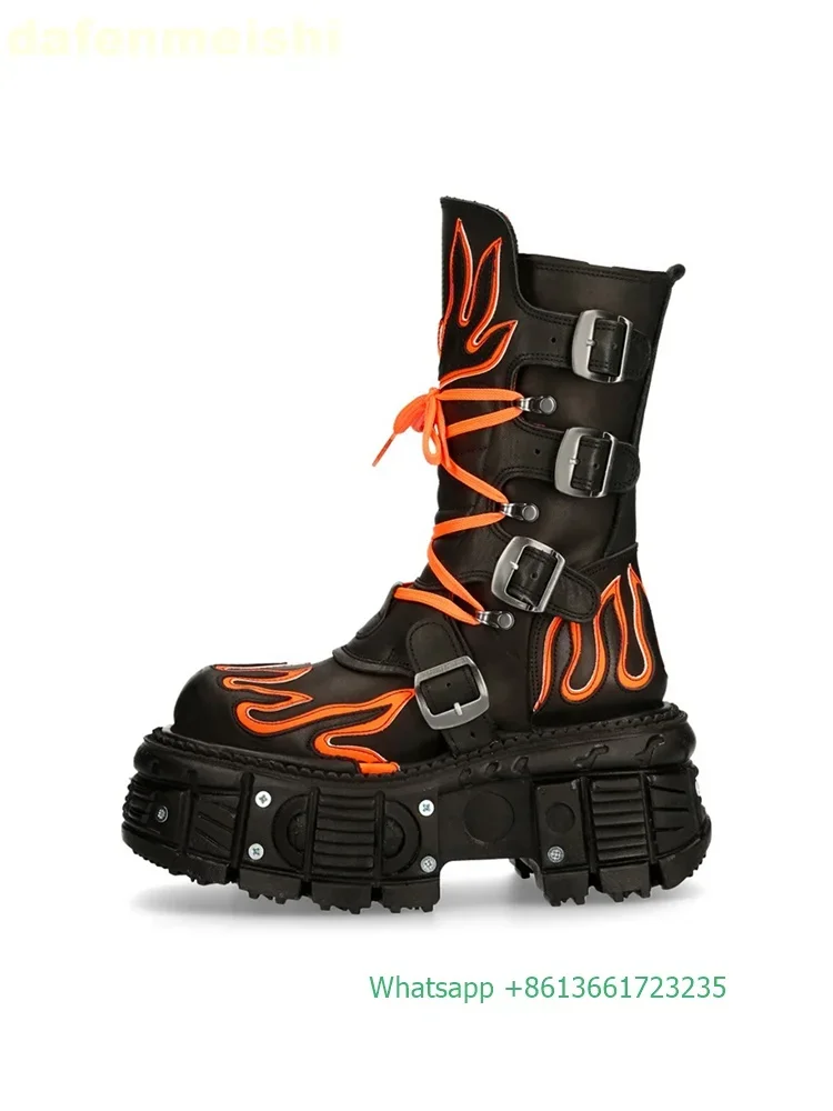 Retro Dark Style Punk Motorcycle Boots Flame Thick-Soled Boots Men/women Fashion Rock Boots Lace Up Belt Buckle Mid-Calf Boots
