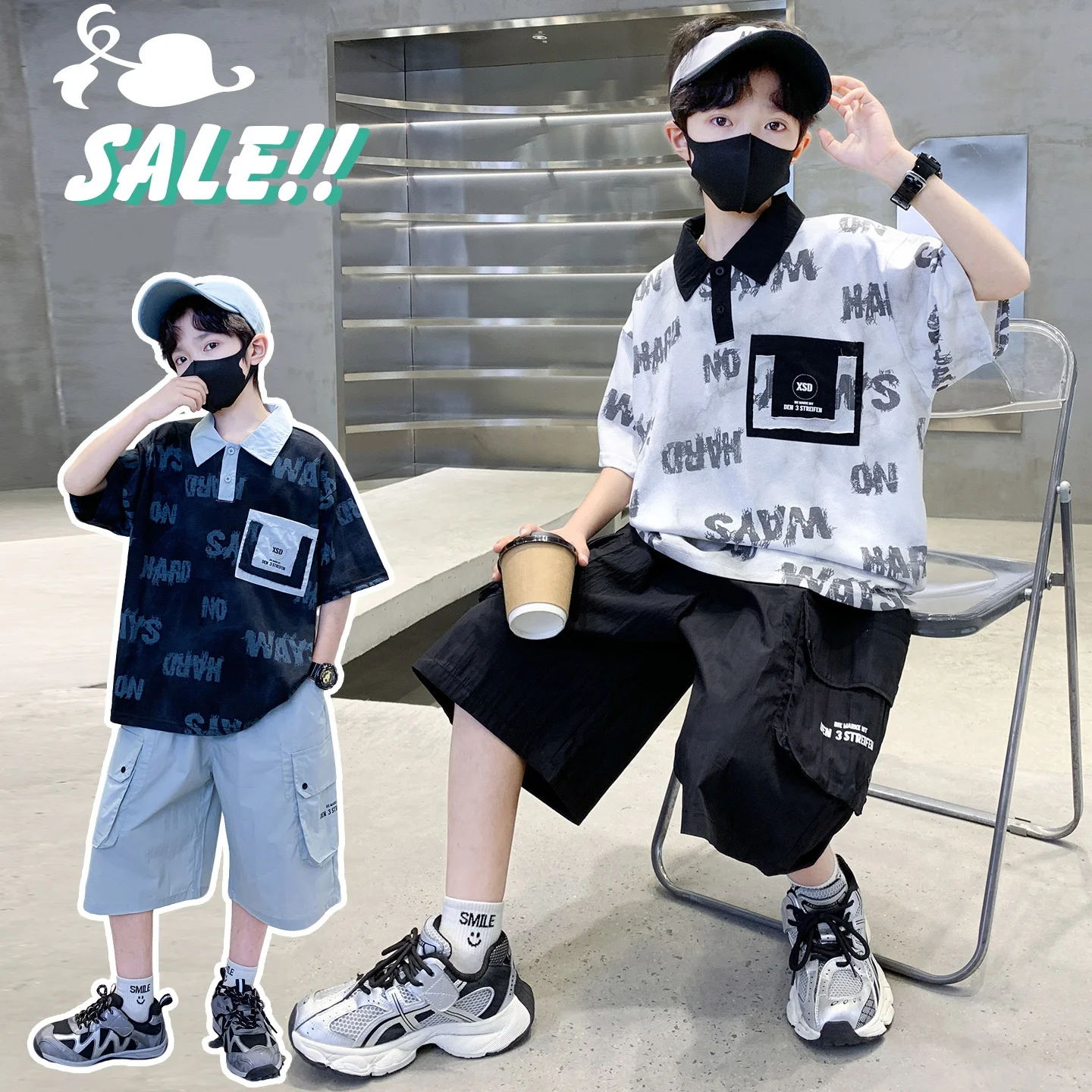 Boys Letter Print Polo Shirt Cargo Shorts 2Pcs Outfit Kids Summer Casual Short Sleeve Lapel Top Multi Pocket Workwear Shorts Set