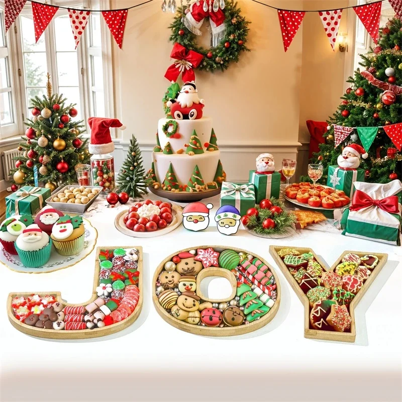 Bamboo Letter JOY Serving Tray Charcuterie Platter Cake Cookie Fruit Plate Rustic Holiday Centerpiece Table Decor For Christmas