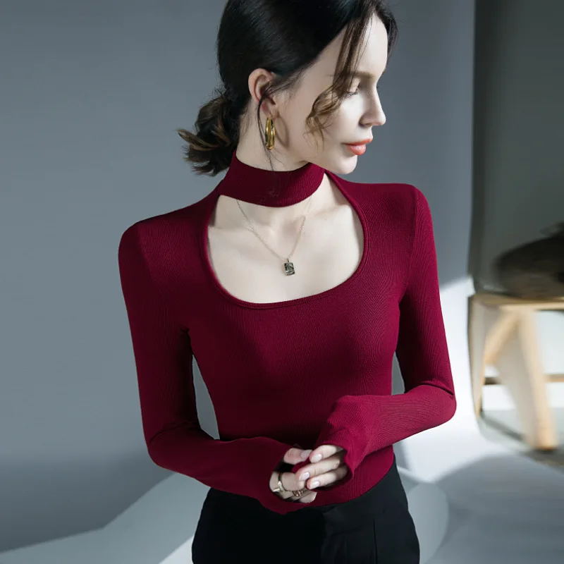 MadBlack European Clothes Tshirt Women Sexy Hollow Out Slim Knit Tops Full Sleeve Elastic Tees Autumn Winter New 2023 T41131JM