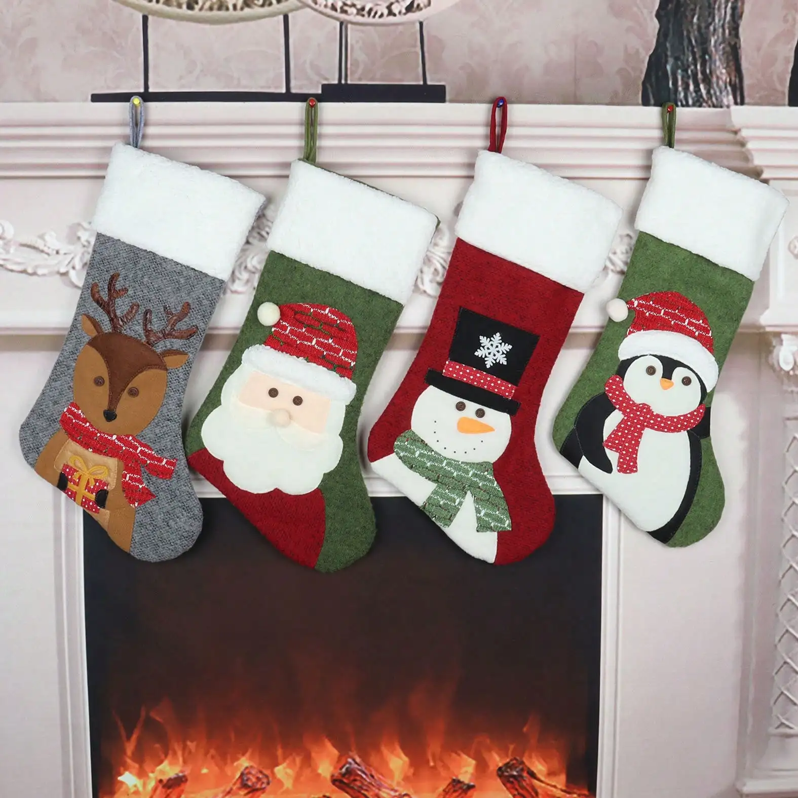 Knitted Fabric Christmas Stocking Sherpa Fleece Top Gift Pattern Appliqué Fireplace Hanging Holiday Gift Bag Rustic Farmhouse Xmas Mantel Decoration