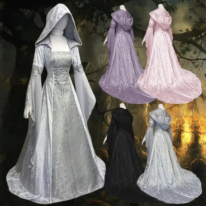 Medieval Renaissance Maxi Train Dress Adult Women Halloween Devil Pagan Witch Wedding Costume Hooded Gown Robe For Ladies