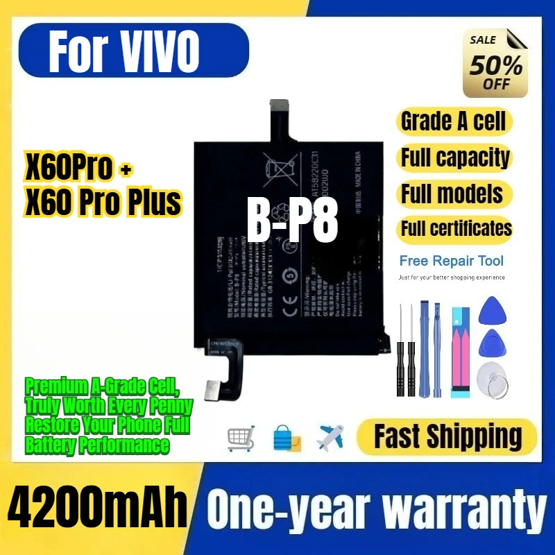 B-P8 for VIVO X60Pro +/X60 Pro Plus Phone Battery 0 Cycle High Capacity Battery Replacement Bateria Grade A Cell with Tools