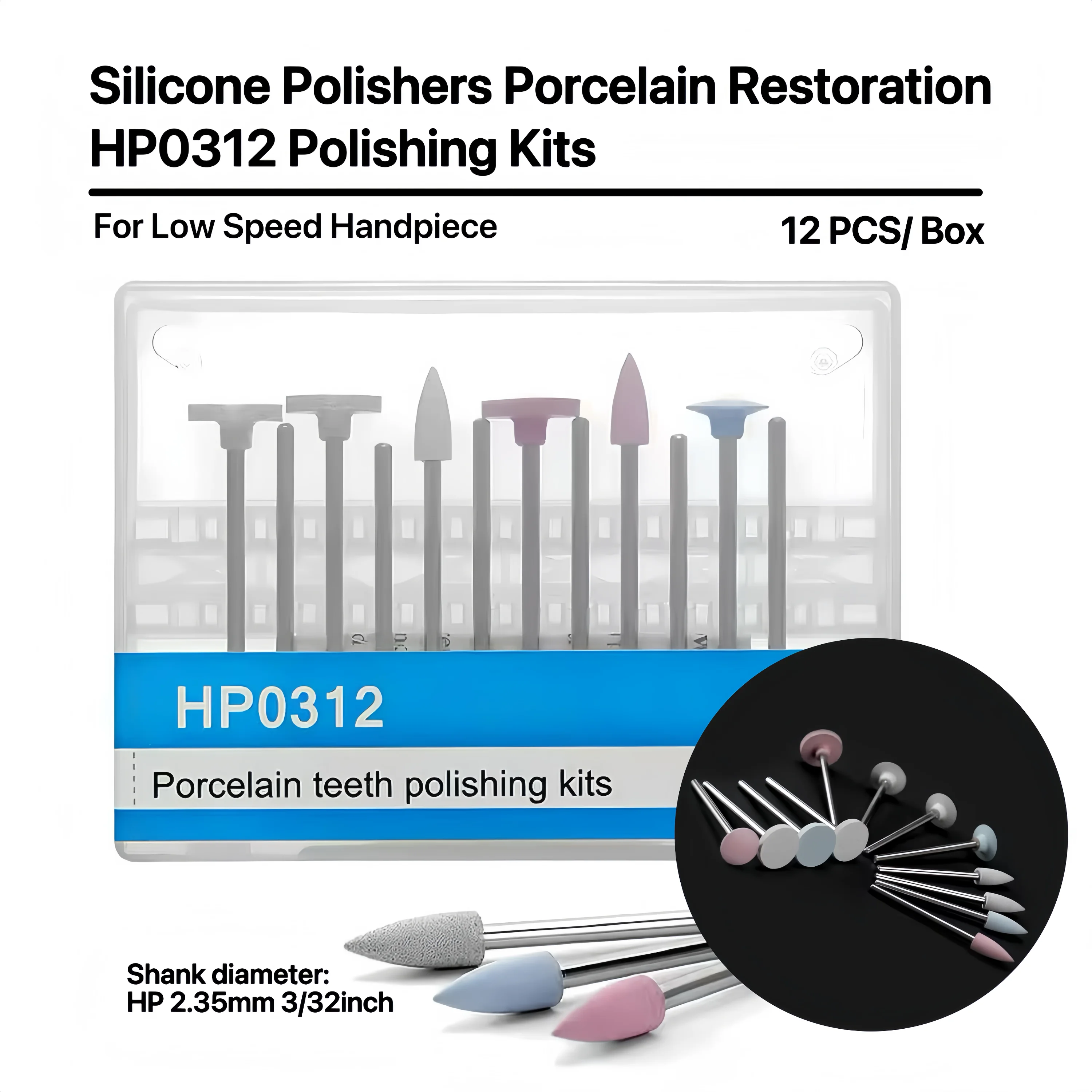 ชุดขัดเรซิ่นคอมโพสิตพอร์ซเลน 12 ชิ้น/กล่อง รุ่น HP0312 สำหรับเครื่องมือขัดซิลิโคนแบบแท่งความเร็วต่ำ HP