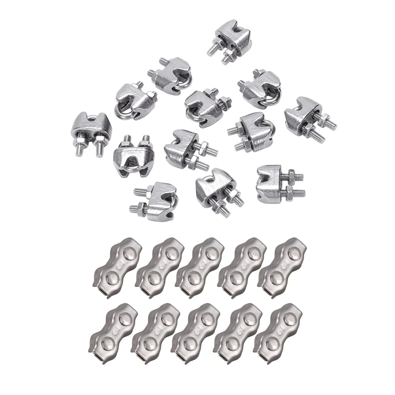 22 Pcs Stainless Steel Wire Rope Cable Clamp Fastener Wire Cable Rope Grips Clamps Caliper, 12Pcs 2Mm & 10Pcs 3Mm