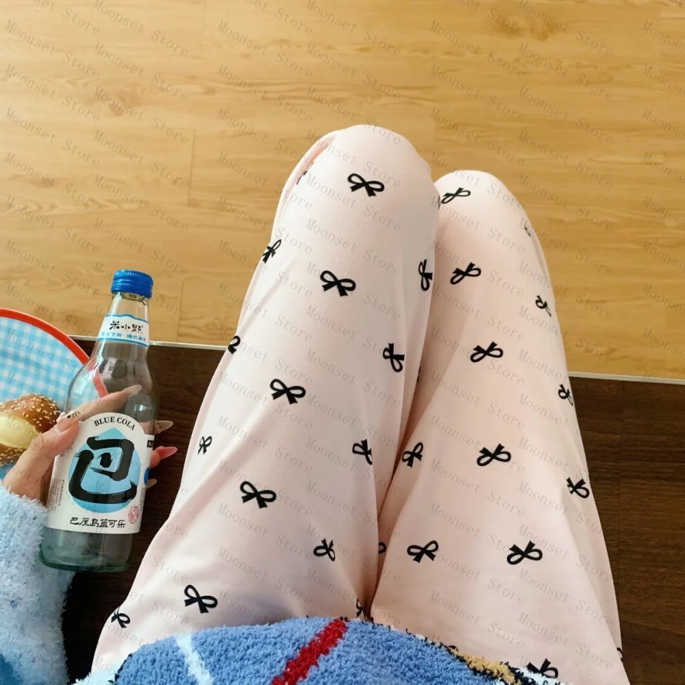 Calças femininas plus size e soltas para casa com laços e calças de pijama podem ser usadas como agasalhos em casa na primavera, outono e inverno