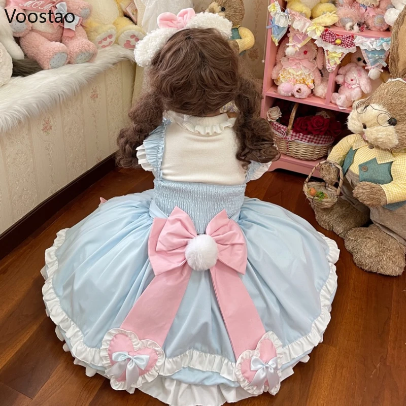 Lolita japonesa JSK mini vestido para mulheres, bonito azul e rosa, arco urso de renda babados, vestido sem mangas para meninas, vestido kawaii para festa de chá