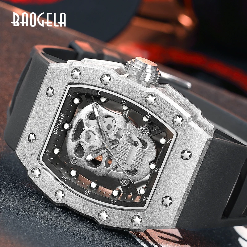 BAOGELA New Luxury Classic Design Skull Quartz Watches Stainless Steel Visable Wristwatch Causal Business Men Watch Rubber Strap