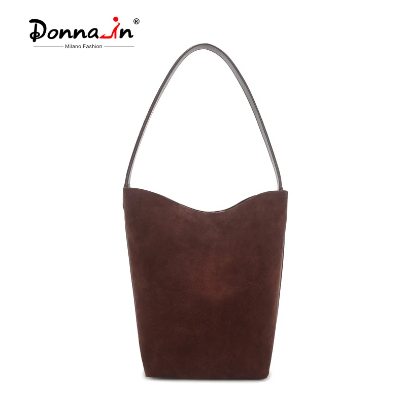 

Donna-in Suede Tote Bag Genuine Cow Leather Casual Shoulder Bucket Bags for Women Middle Size 27cm Coffee