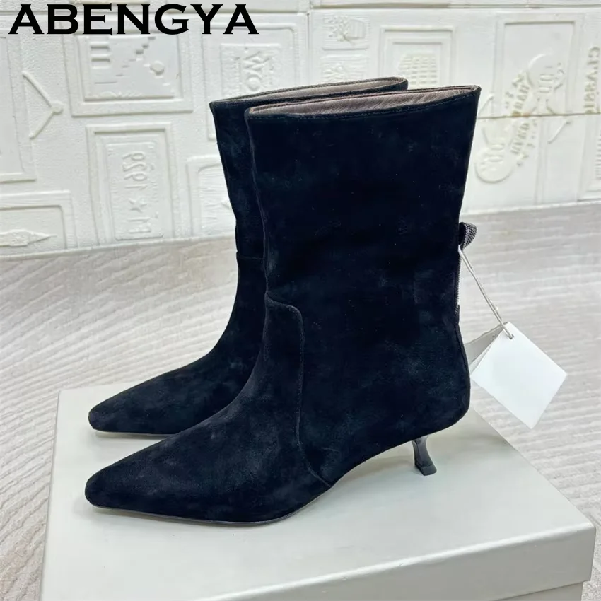 

Женские ботильоны из натуральной кожи с острым носком, короткие ботинки «Челси» на каблуке «котенок», зимние классические хит продаж, модные ботинки Botas Mujer