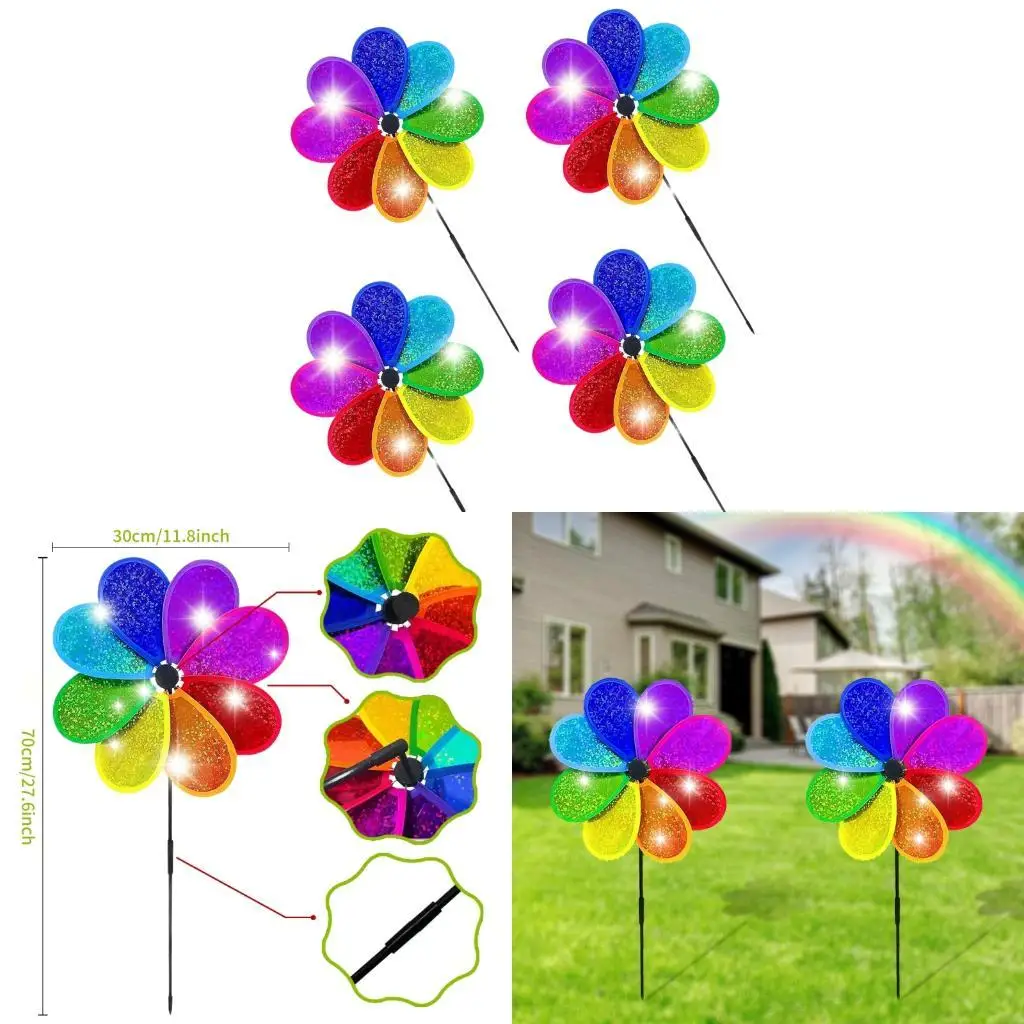 F19B 4Pcs Rainbow Wind Spinner Sparkly Reflective Pinwheels for Garden Yard Outdoor