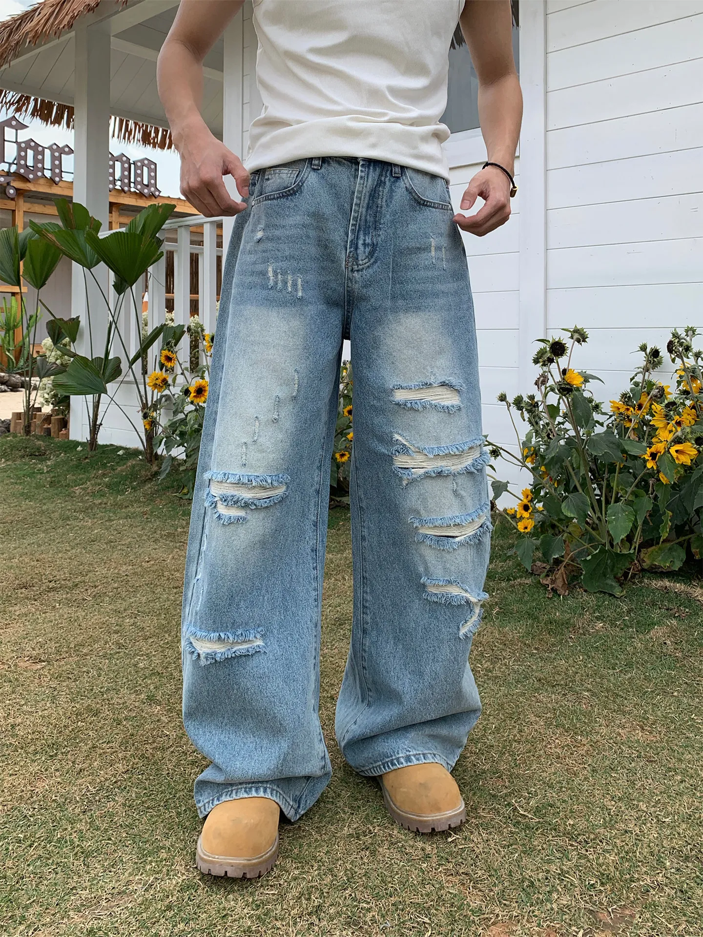 

Retro Washed Men's Straight Leg Jeans Summer Casual Loose Fit Long Trousers Distressed Denim Pants Classic Style Spring Trend