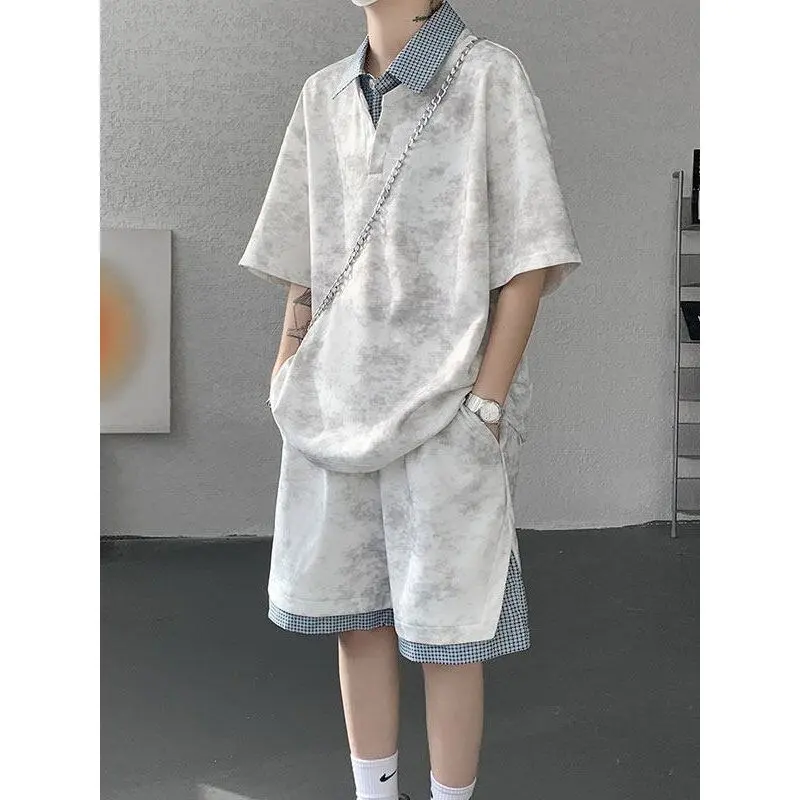 

American Dyed Shirt Short Sleeve Short Pants Set Thin Quick Dry Fake Two-Piece Men's Summer Fashion Outfit Polyester Fiber