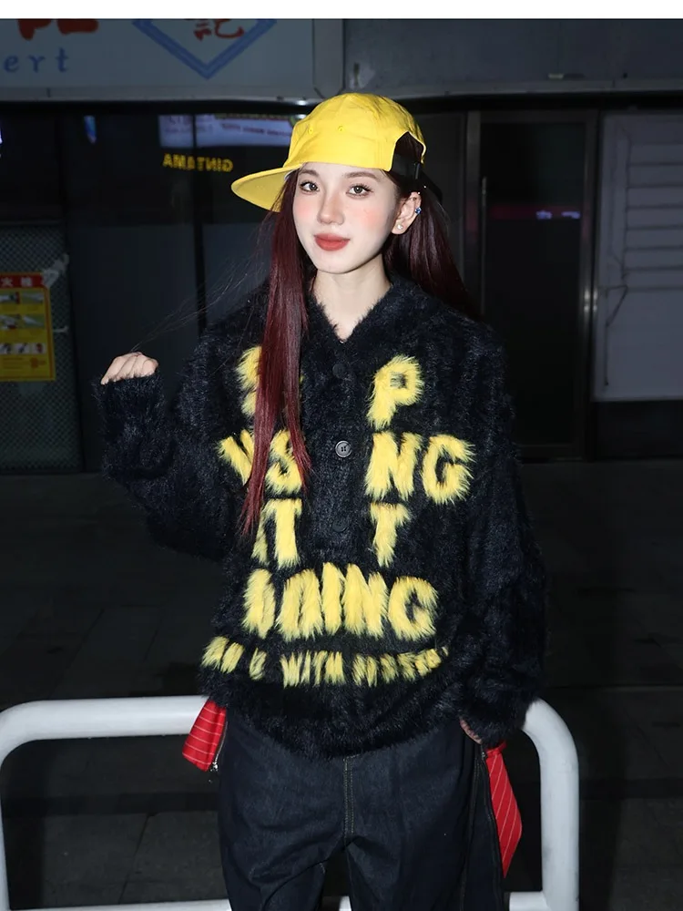 

Норковый свитер в стиле ретро с американскими буквами для пар, свободный круглый трикотаж, верхняя одежда для мужчин и женщин, осень-зима, удобный мягкий трикотаж