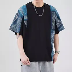 Summer New Vintage Ethnic Style Short Sleeved Panelled Round Neck T-shirt Men's Print Fashion Trend Loose Casual Versatile Tops