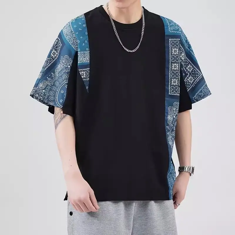 Summer New Vintage Ethnic Style Short Sleeved Panelled Round Neck T-shirt Men's Print Fashion Trend Loose Casual Versatile Tops