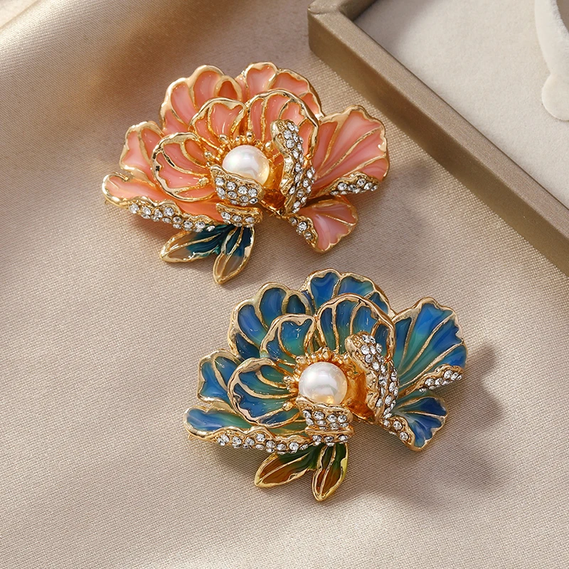 Elegant Peony Studded Rhinestone Brooches For Women Girls Delicate Pink Blue Flower Pearl Brooch Pins Party Jewelry Gifts