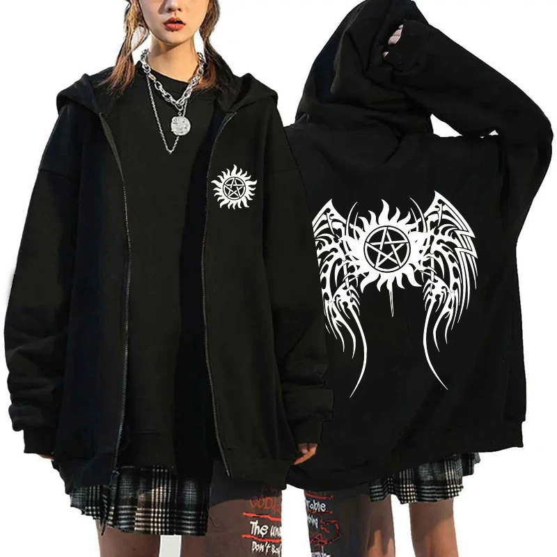 

ТВ-шоу Сверхъестественное Мерч Толстовка на молнии для женщин и мужчин Толстовка с графикой 90-х годов Винтаж Y2K Уличная одежда Хип-хоп Куртка на молнии с капюшоном