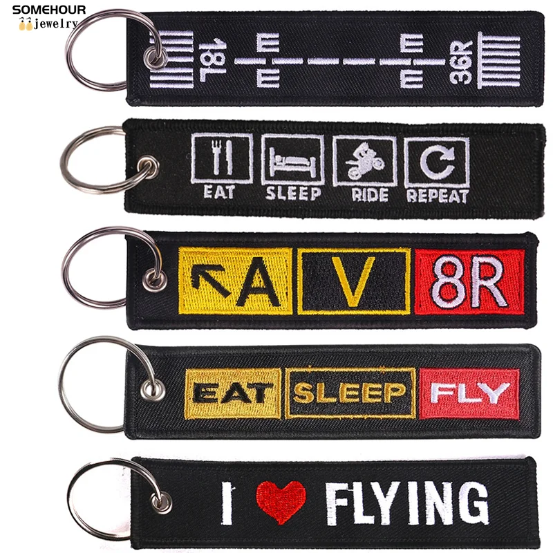 SOMEHOUR Eat Sleep Fly Ride Fashion Embroidered Keychain Text Logo Letter Motorcycles Keyring For Bags Tag Luggage Aviation Gift