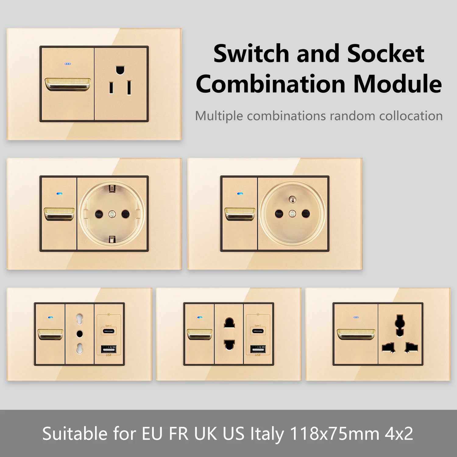 Gold Glass Panel Wall Switch Socket Combo Power Outlet With USB Type-C Modular EU FR UK US IT Socket For Home Office 118x75 4x2