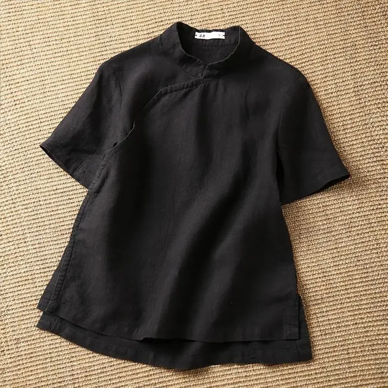 

Женская линия в стиле дзен, воротник-стойка, одежда Тан, винтажный топ в китайском стиле, топ Chesongam, новый летний костюм тай-чи, рубашка ханьфу