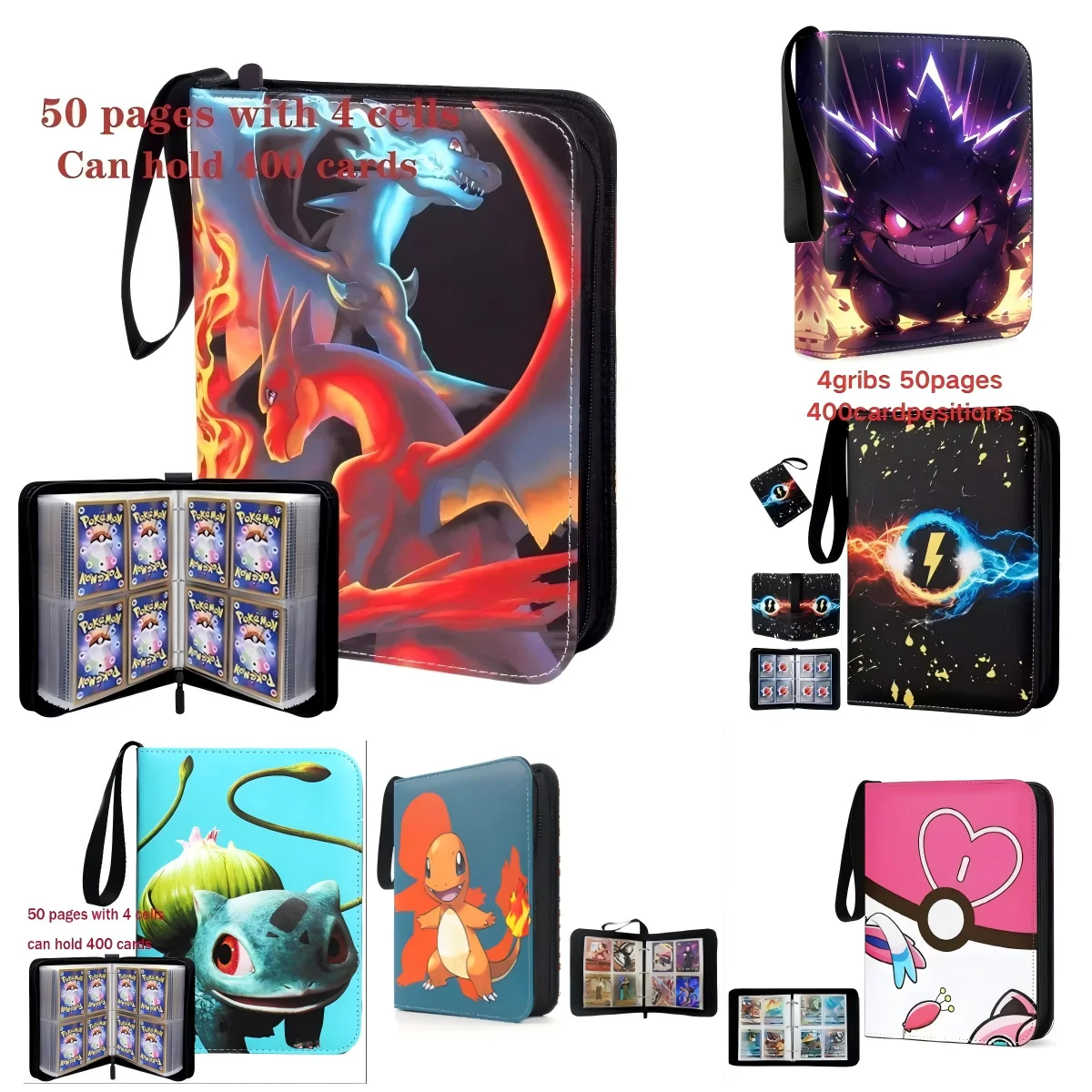 Charizard Gengar Pikachu Card Collection Album 400PCS Photocard Holder Binder Zipper Storage Case Kpop Trading Gift