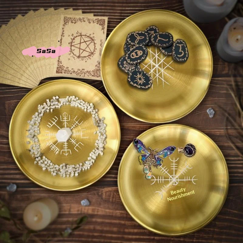 14cm StainlessSteel round Plate with Engraving Nordic Compass Design Crystal Storage Compartment Ceremonial Candlestick Ornament