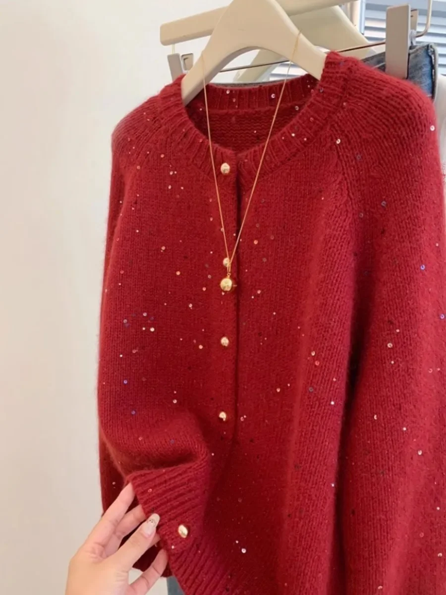 Red Sequined Cardigan Women Loose Knitted Sweaters Tender All-match Popular Autumn Winter Button-up Korean Style Design 2024