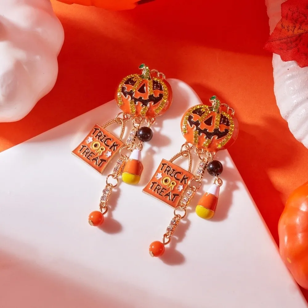 Creative Alloy Material Halloween Earrings Long Tassel Design Dripping Oil Effect Pumpkin Earrings Spider Earrings For Women