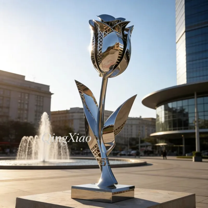 Factory Direct 2026 Mirror Polished Abstract Stainless Steel Rose Sculpture Outdoor Landscape Decoration For Garden Square Sceni